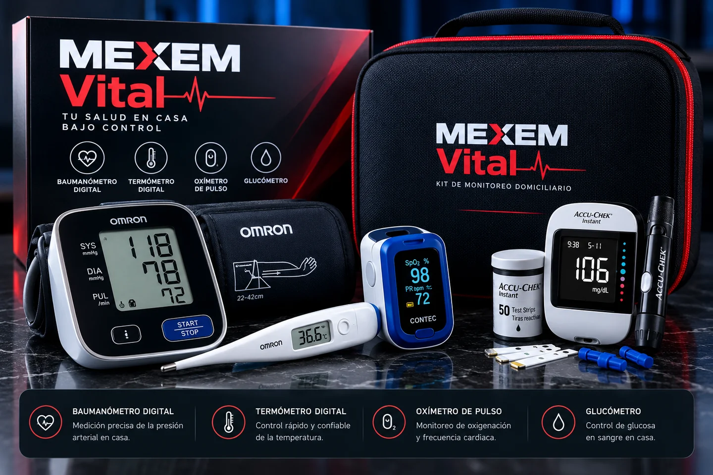 Imagen ilustrativa de MEXEM Vital con baumanómetro digital, termómetro digital, oxímetro de pulso y glucómetro