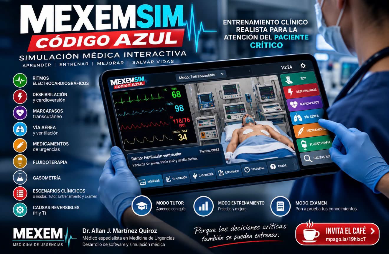 Imagen promocional original de MEXEMSIM Código Azul: simulador de reanimación con monitor, paciente crítico y herramientas clínicas.